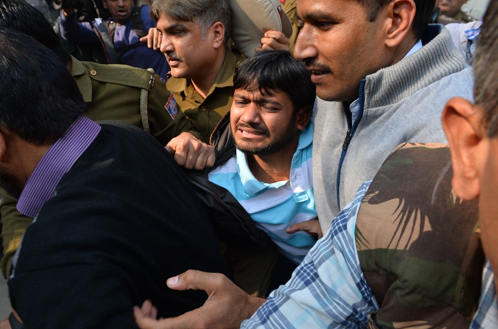 JNU student union leader Kanhaiya Kumar, accused of sedition, was attacked by lawyers on the Patiala House premises in Delhi in February 2016. Photo: UNI