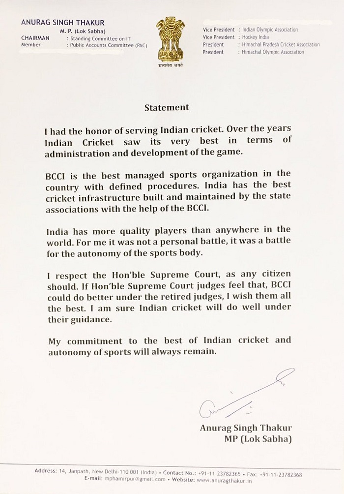 Anurag Thakur's statement (that he has tweeted) after he was sacked as BCCI president on January 2, 2017, by the Supreme Court. Photo: twitter