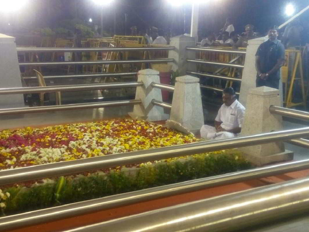 O Panneerselvam meditating at Jayalalithaa’s memorial in Chennai