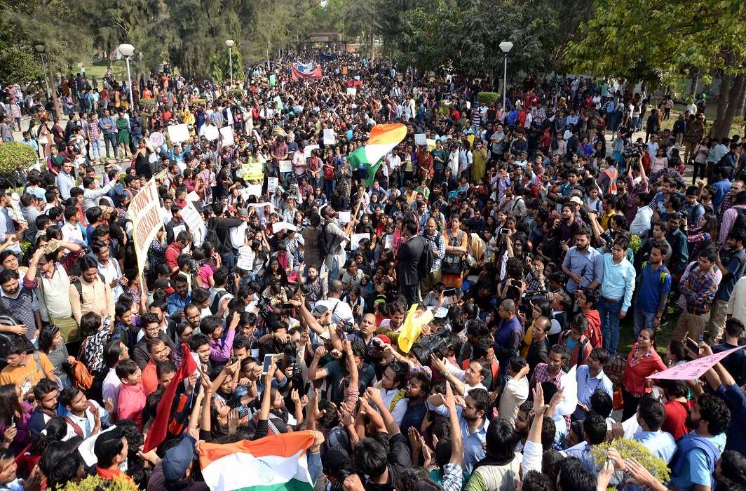 A massive turnout of students and activists at the protest rally in Delhi University on February 28. Photo: UNI