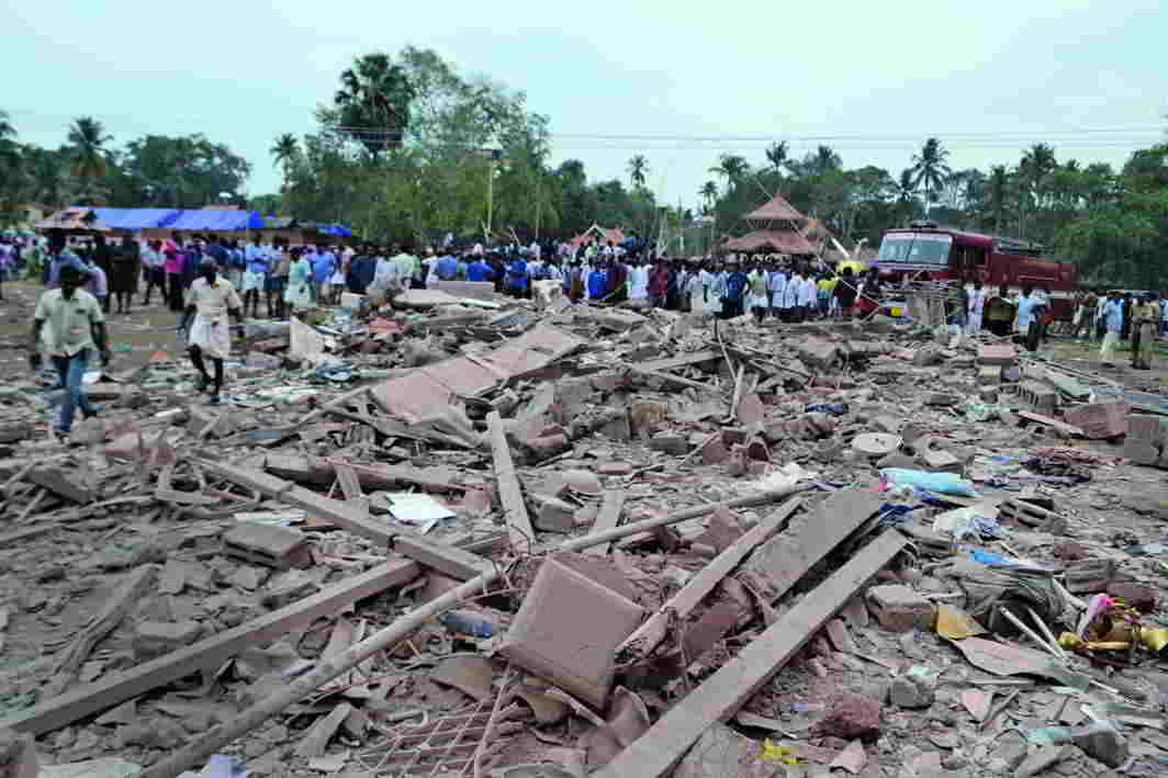 A collapsed structure in Puttingal Temple premises after fireworks exploded in 2016, killing over 100 people. Photo: UNI