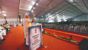 Prime Minister Narendra Modi addressing a gathering at the Sabarmati Ashram, Ahmedabad on June 29, 2017. Photo: PIB