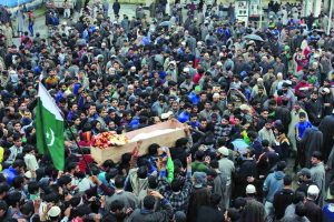 Thousands participate in the funeral procession of Zahid Rasool Bhat in Srinagar. Photo: UNI