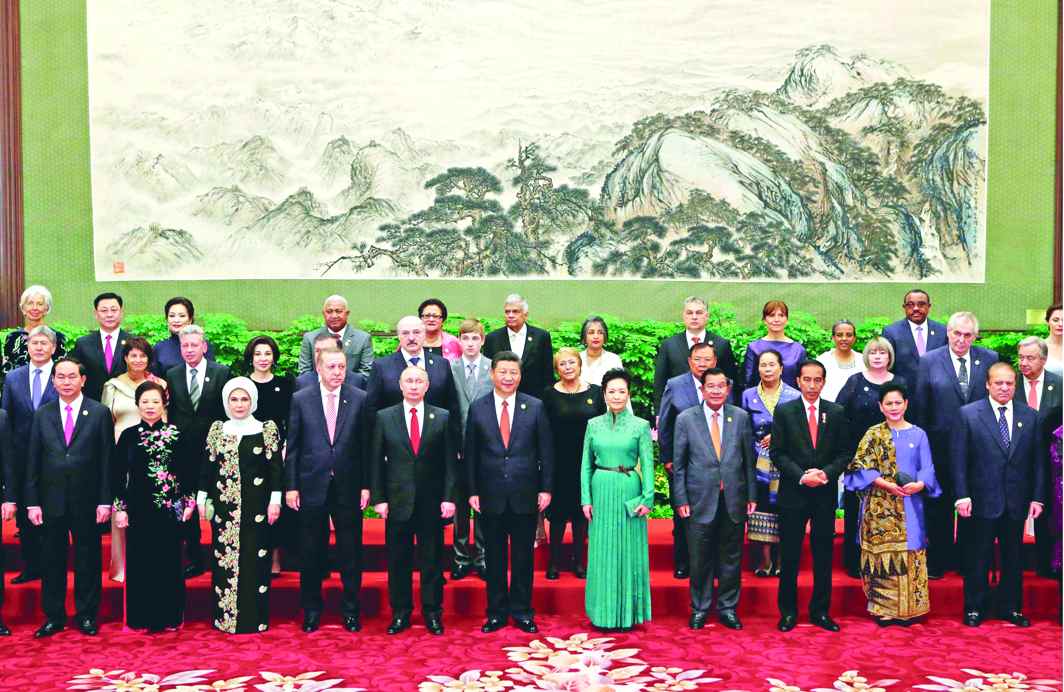 President Xi Jinping (sixth from front row) at the Belt and Road Forum in Beijing. Photo: UNI
