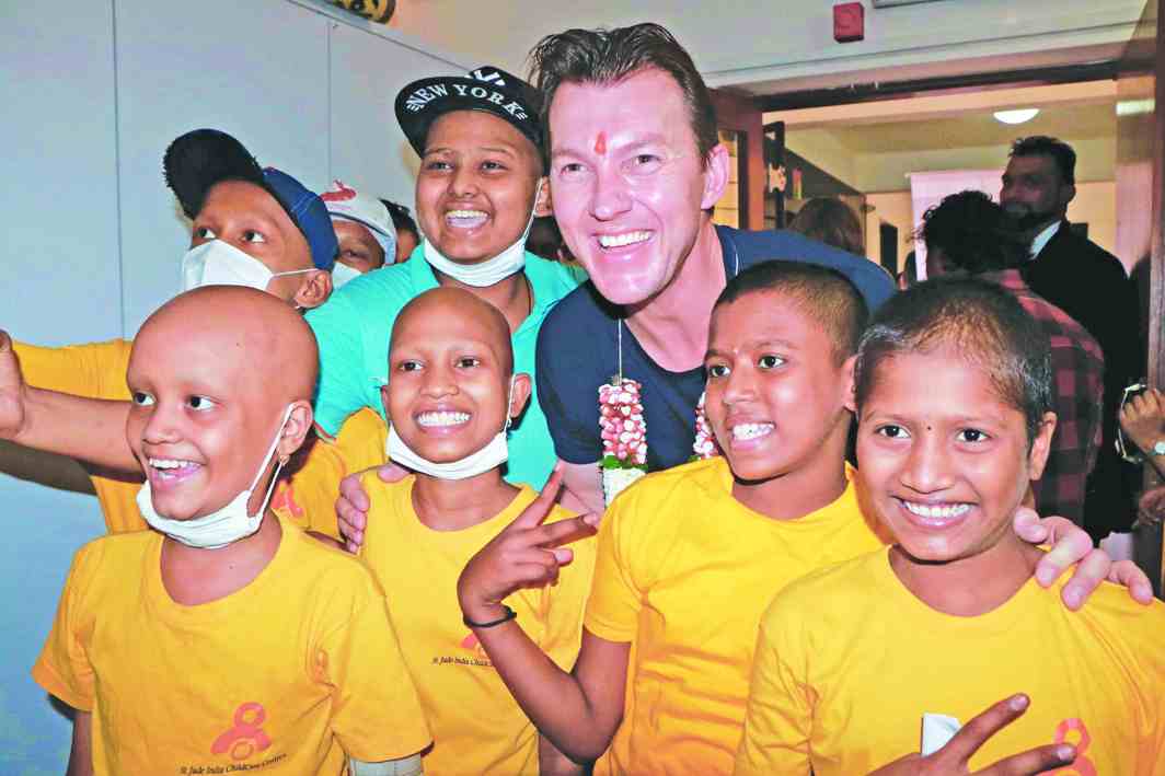 Former Australian cricketer Brett Lee with cancer patients at St Jude India Child Care Centre in Mumbai. Photo: UNI