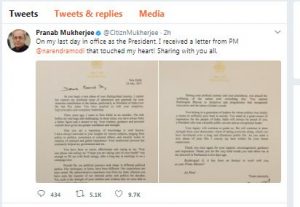 A grab of the tweet posted by former President Mukherjee. Photo: twitter