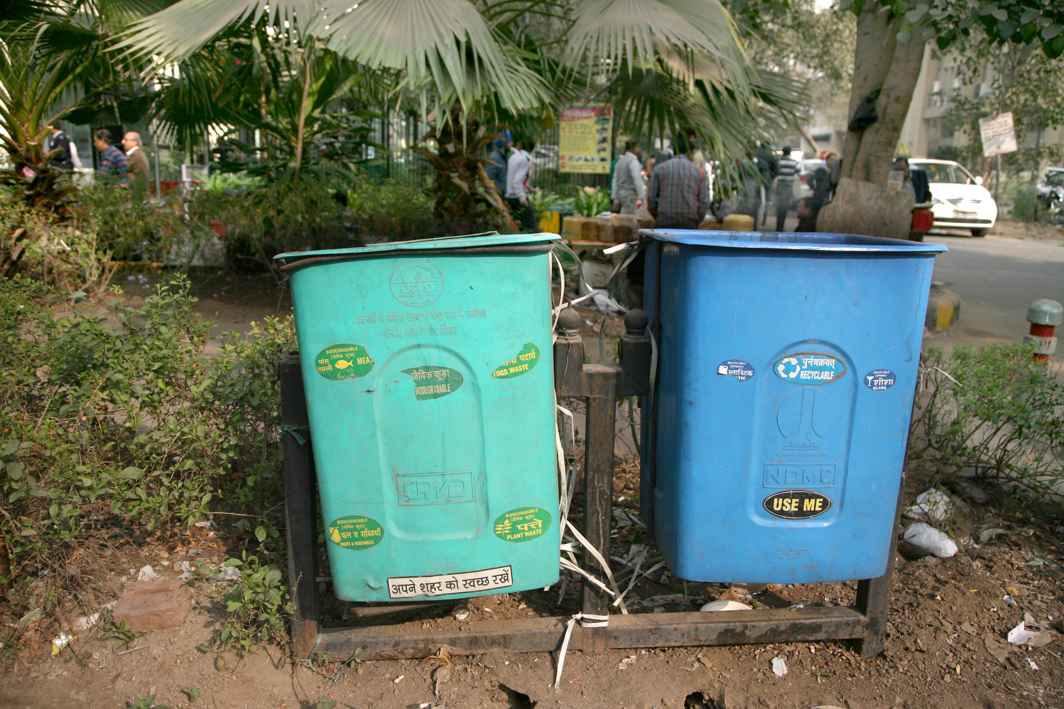 Green and blue bins installed at public locations to segregate waste. Photo: Anil Shakya
