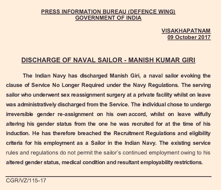 Indian Navy sailor who changed sex is sacked, says will move Supreme Court