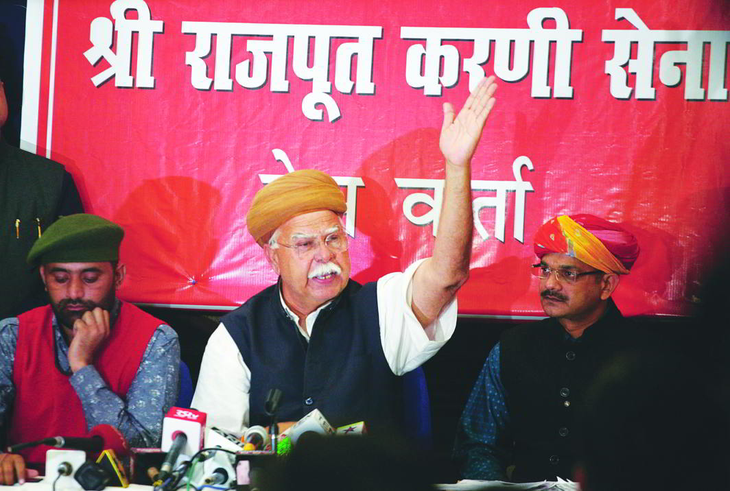 Karni Sena founder Lokendra Singh Kalvi addresses a press conference in New Delhi. Photo: Anil Shakya