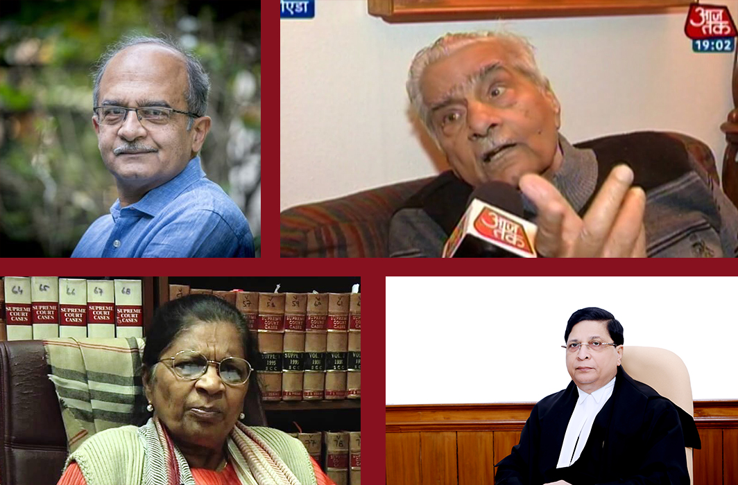(Clockwise from top left) Prashant Bhushan, Shanti Bhushan, Chief Justice Dipak Misra and Kamini Jaiswal