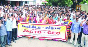 Members of the Joint Action Committee of Teachers Organisations and Government Employees Organisations protest in Chennai. Photo: UNI