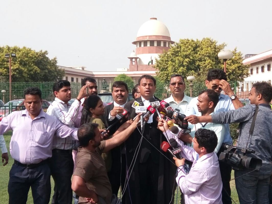 Manoj Gaurkela counsel for one of the dalit organizations speaking to mediapersons after the SC refused to stay its order on SC/ST Act/Photo: Anil Shakya