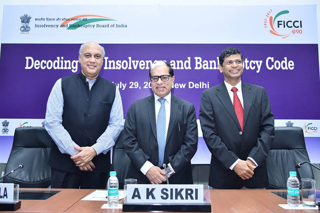 Former FICCI president Sidharth Birla, SC judge Justice AK Sikri and IBBI chief MS Sahoo at a conference on insolvency