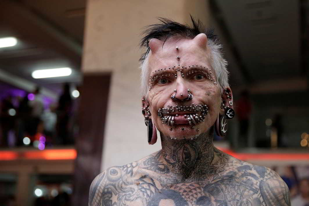 DUBIOUS DISTINCTION: Rolf Buchholz, the most pierced man in the world according to Guinness World Records, takes part in Expo Tattoo Venezuela in Caracas, Reuters/UNI