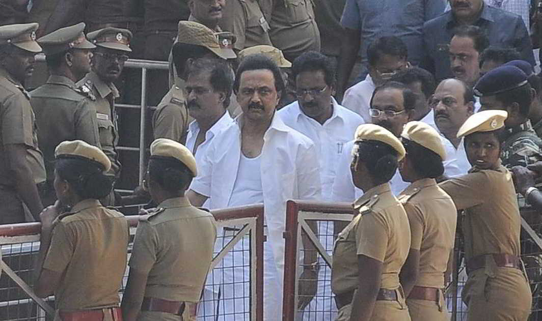 UNDIGNIFIED EXIT: Opposition leader MK Stalin after being evicted from the Tamil Nadu Legislative Assembly in Chennai, UNI