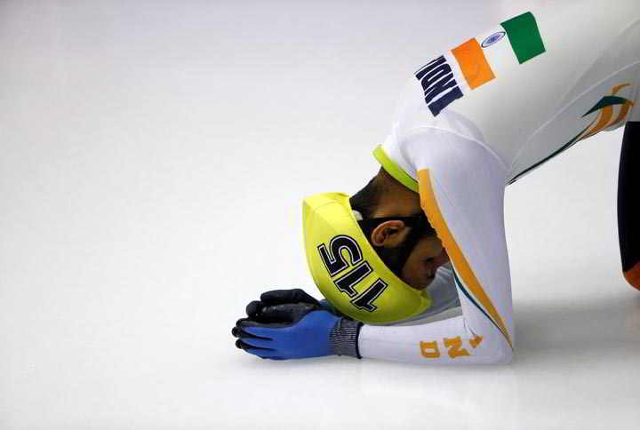 UNTIMELY SLIP: Indian speed skater Raghavendra Gundmi Vishwanatha reacts after a fall during the Short Track Men's 500m Asian Winter Games Makomanai, Sapporo, Japan, Reuters/UNI