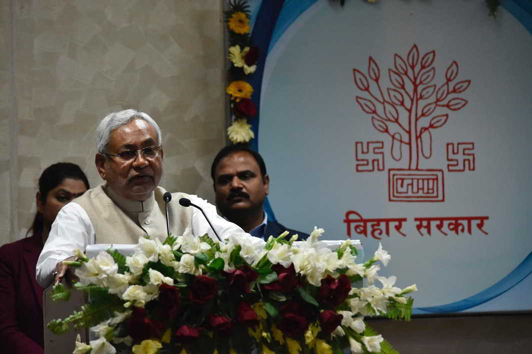 TALKING DEVELOPMENT: Bihar Chief Minister Nitish Kumar addresses the audience after laying the foundation stone for various development schemes of the rural works department at the CM’s office in Patna, UNI