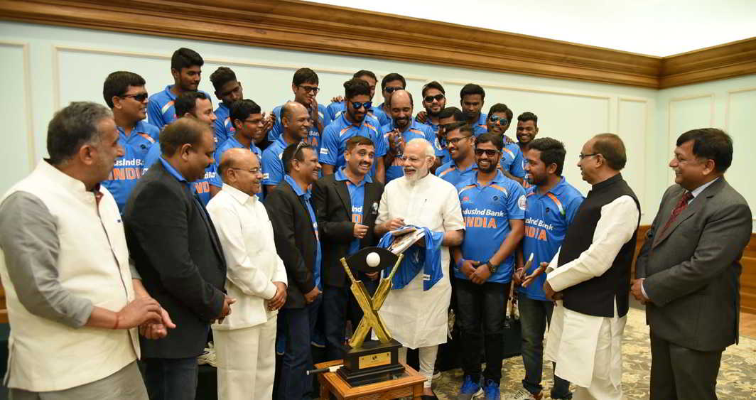 THEY DESERVE IT: The Indian Blind Cricket Team, winner of T20 Blind Cricket World Cup-2017, calls on the Prime Minister in New Delhi, UNI. Union Minister for Social Justice and Empowerment Thaawar Chand Gehlot, Minister of State for Youth Affairs and Sports (I/C), Water Resources, River Development and Ganga Rejuvenation Vijay Goel and Minister of State for Social Justice & Empowerment Krishan Pal are also seen