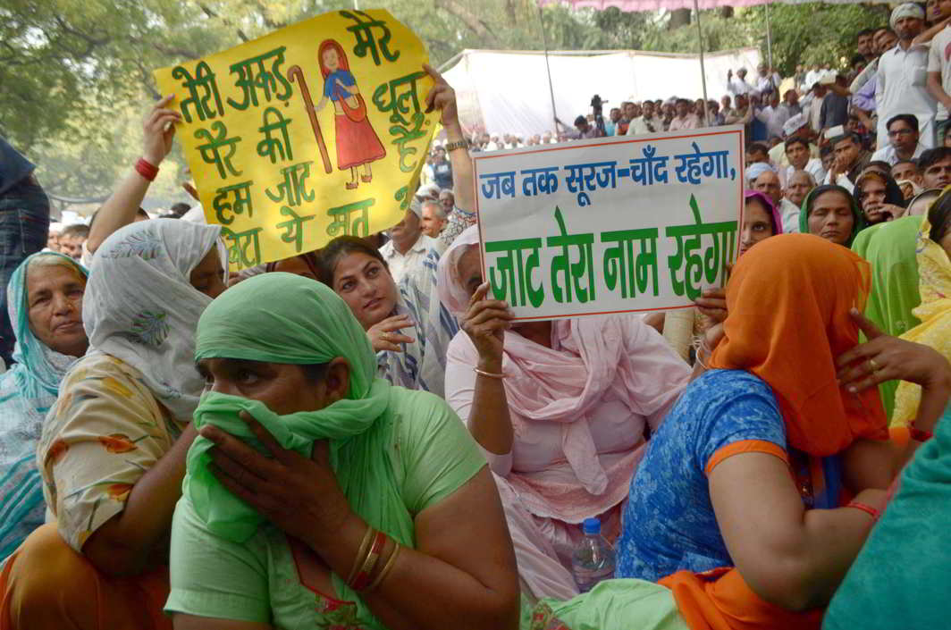 QUOTA CALL: All India Jat Aarakshan Sangharsh Samiti (AIJASS) supporters at a reservation rally at Jantar Mantar in New Delhi, UNI