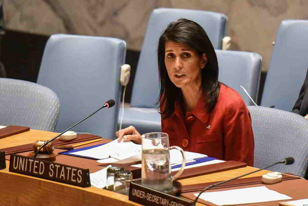 TALKING POLICY: United States Ambassador to the United Nations Nikki Haley delivers remarks at the Security Council meeting on the situation in Syria at the UN Headquarters, in New York, Reuters/UNI
