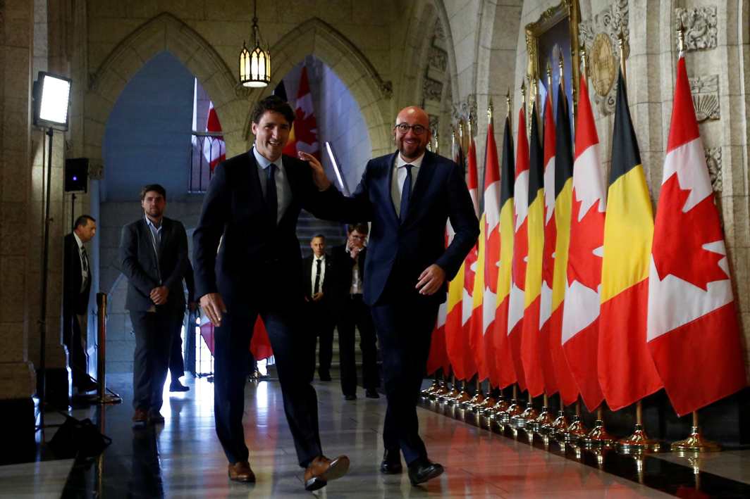 PREMIERS AHOY: Canada's Prime Minister Justin Trudeau walks with his Belgian counterpart Charles Michel following a news conference on Parliament Hill in Ottawa, Ontario, Canada, Reuters/UNI