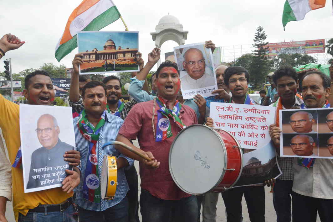 FIRST HURRAHS: LJP supporters celebrate after former Bihar Governor Ram Nath Kovind is declared the 14th President of India in Patna, UNI