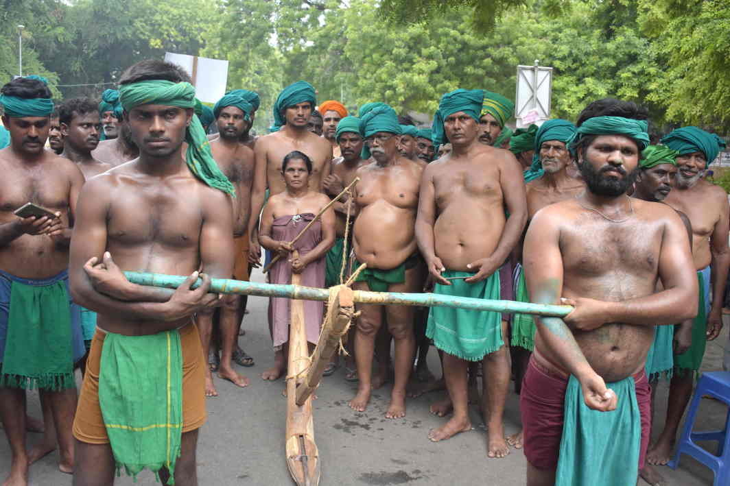 HELOTS WE ARE NOT: Tamil Nadu farmers stage a demonstration to press their various demands at Jantar Mantar in New Delhi, UNI
