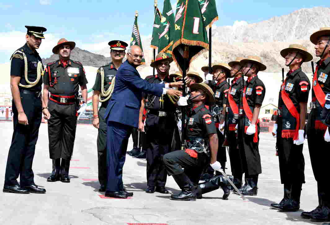 GO TO THE TOP: President Ram Nath Kovind presents the President’s Colours to Ladakh Scouts Regimental Centre and five battalions on his maiden two-day visit to Ladakh, UNI