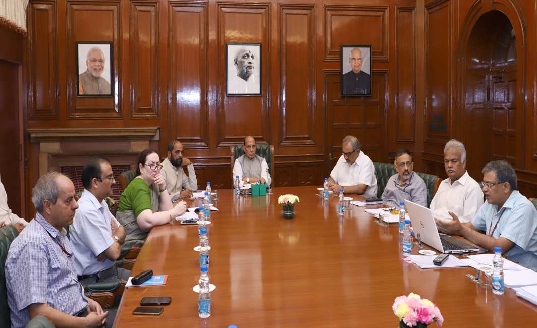 VALLEY DUTIES: Union Home Minister Rajnath Singh chairs a meeting to review development projects in Jammu and Kashmir, in New Delhi, UNI