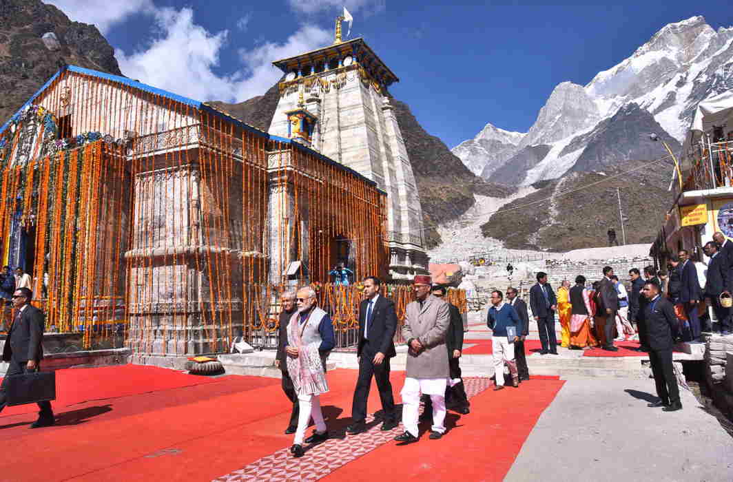 Prime Minister Narendra Modi in Kedarnath. Uttarakhand Governor KK Paul and Chief Minister Trivendra Singh Rawat are also seen, UNI