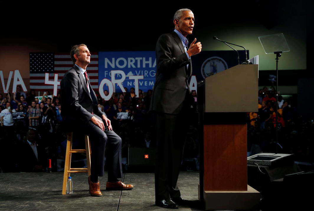 Former US President Barack Obama campaigns in support of Virginia Lieutenant Governor Ralph Northam (left), Democratic candidate for governor, at a rally with supporters in Richmond, Virginia, US, Reuters/UNI