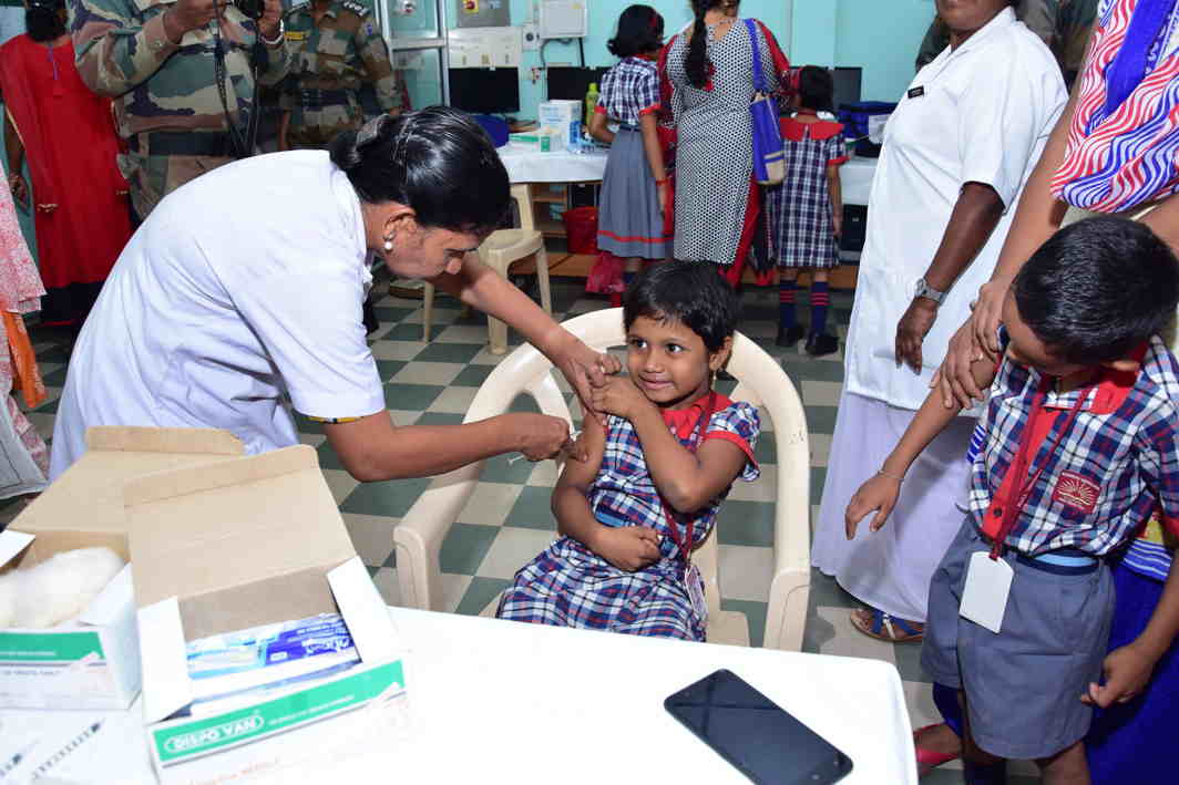 SHOT IN THE ARM: Students vaccinated as part of the measles-rubella vaccination campaign at Kendriya Vidyalaya, Pangodu in Thiruvananthapuram, UNI