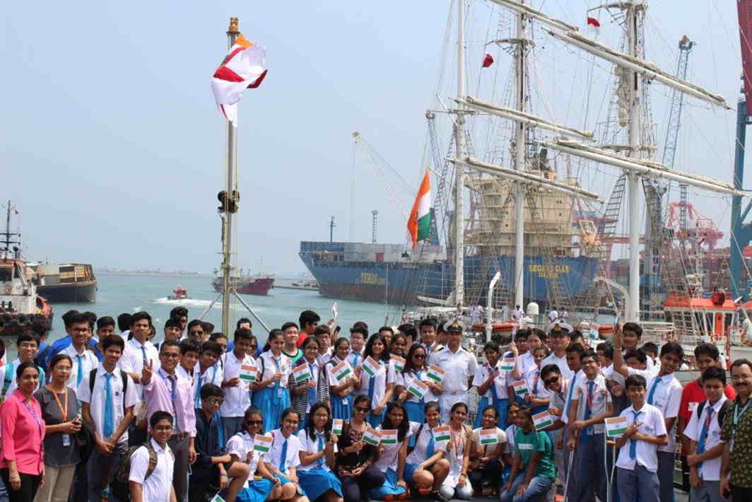 Schoolchildren from Gandhi Memorial International School Jakarta visit INS ships at Jakarta harbour. The visit is aimed to expose the trainees to the conduct of Indian warships in foreign waters, port familiarisation and foster bridges of friendship between the two countries, UNI