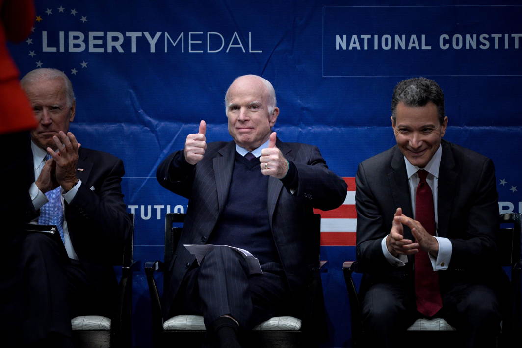 MAN OF THE MOMENT: US Senator John McCain (R-AZ) gives a thumbs up to the crowd before being awarded the 2017 Liberty Medal by former US Vice President Joe Biden at the Independence Hall in Philadelphia, Pennsylvania, Reuters/UNI