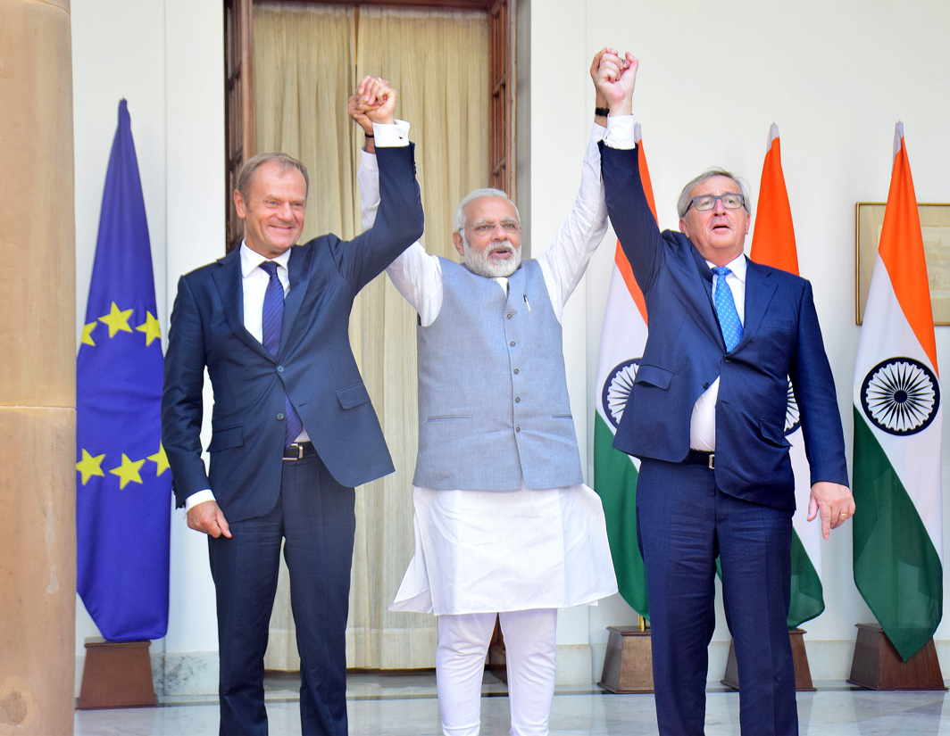 BRO LOVE: Prime Minister Narendra Modi meets Donald Franciszek Tusk, president of the European Council, and Jean-Claude Juncker, president of the European Commission, in New Delhi, UNI