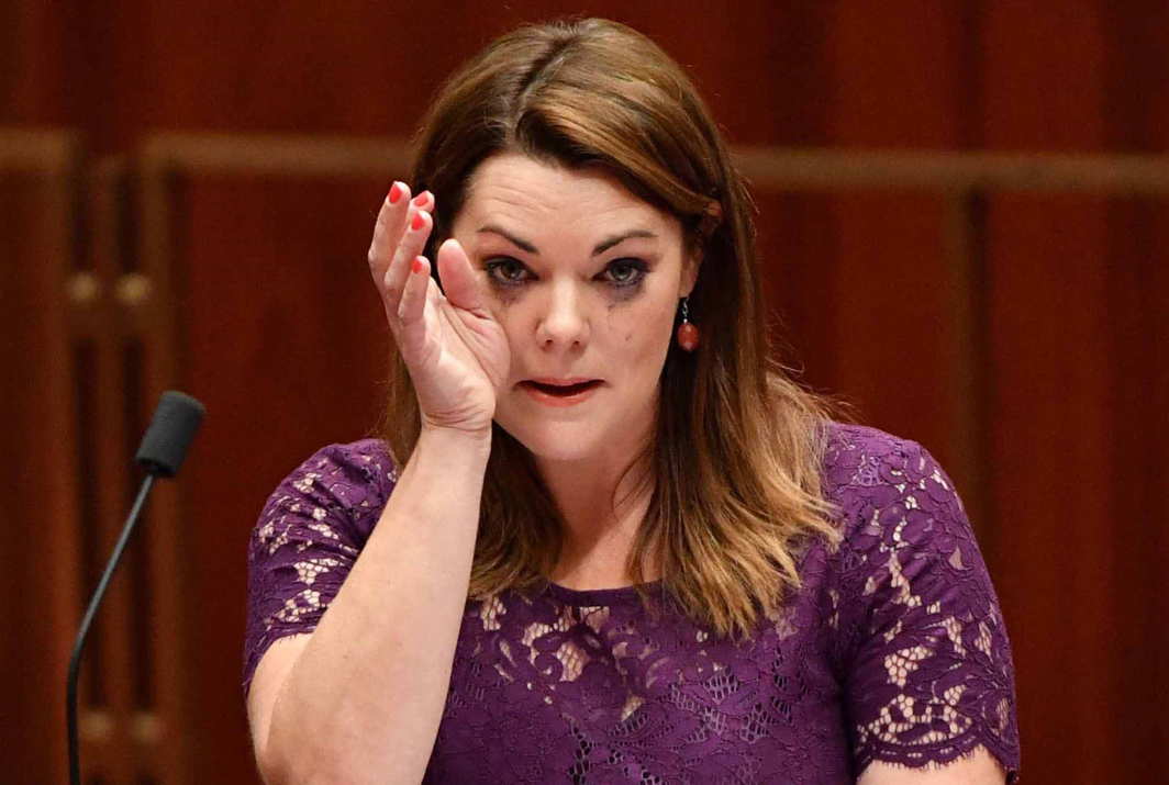 EMOTIVE SUBJECT: Greens Senator Sarah Hanson-Young cries as she speaks on the same-sex marriage bill in the Senate chamber at Parliament House in Canberra, Australia, Reuters/UNI