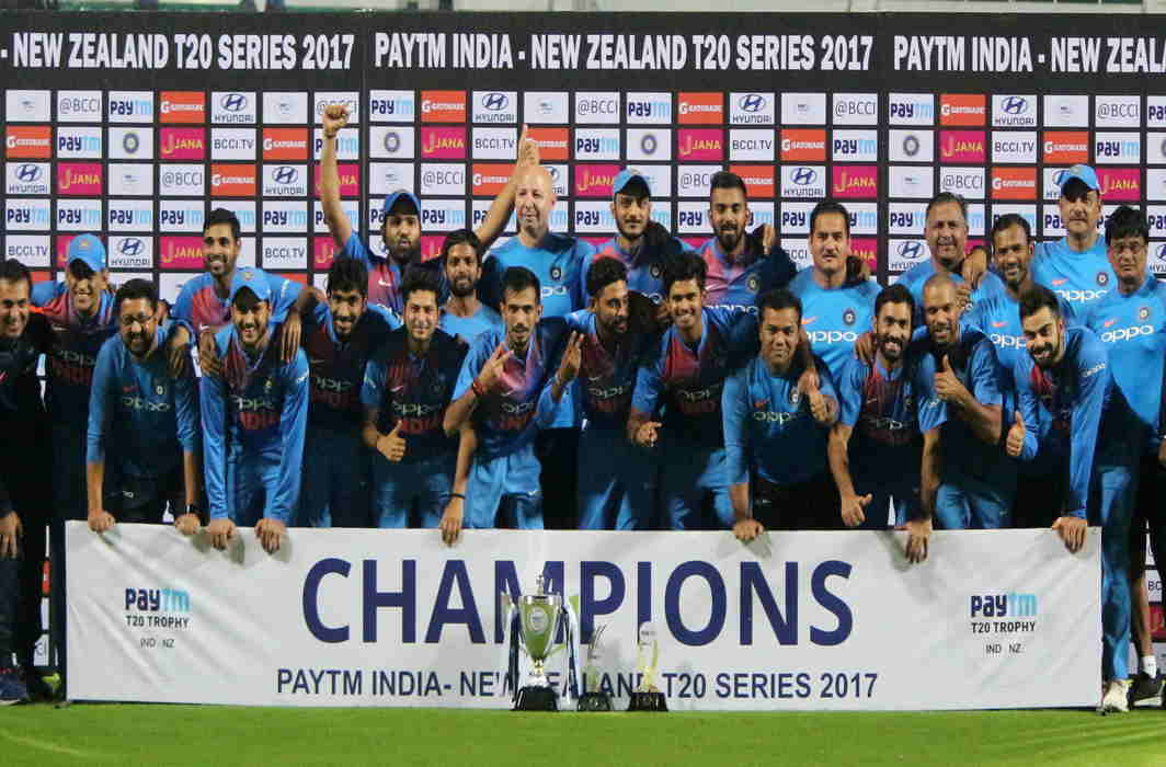 CLOSE FINISH: Indian cricketers lift the trophy, after winning the third and last T-20 match of the series against New Zealand in Thiruvananthapuram, UNI