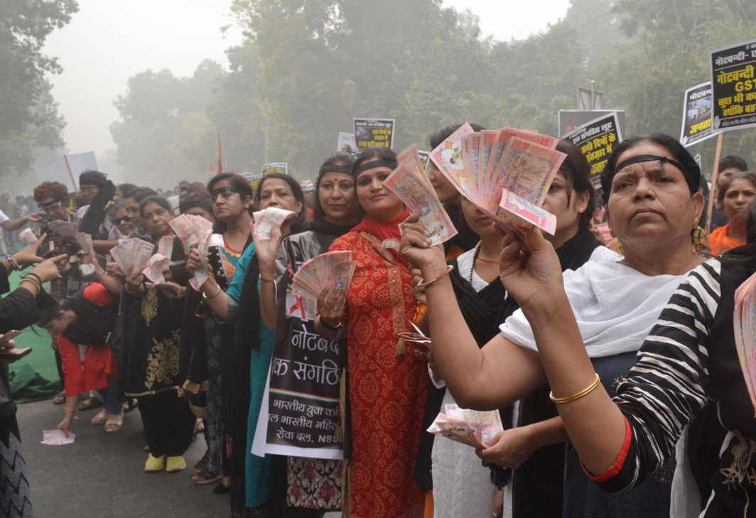 A BLACK DAY: Congress activists during a protest on the first anniversary of demonetisation, at Youth Congress office in New Delhi, UNI