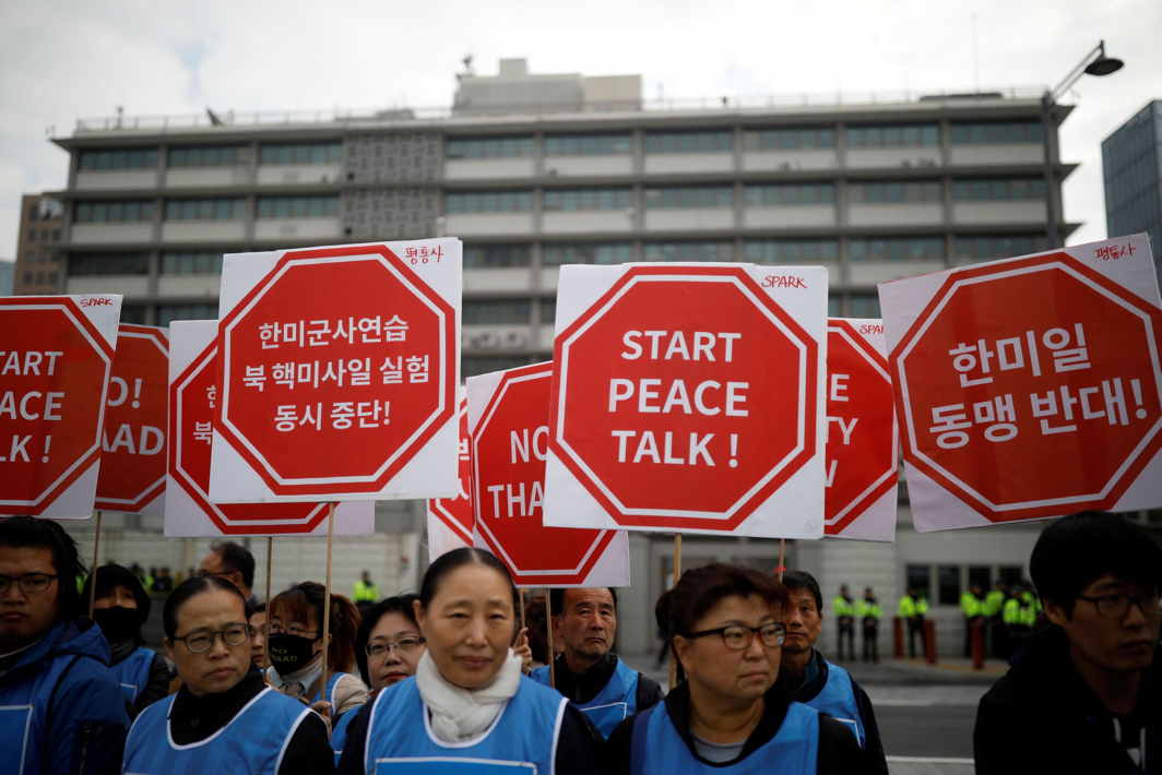 DETRACTORS AROUND THE WORLD: Protesters take part in an anti-Trump rally in front of US embassy in central Seoul, South Korea, Reuters/UNI