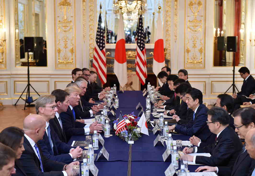 FIRST STOP: US President Donald Trump and Japanese Prime Minister Shinzo Abe hold a summit meeting at Akasaka Palace in Tokyo, Reuters/UNI