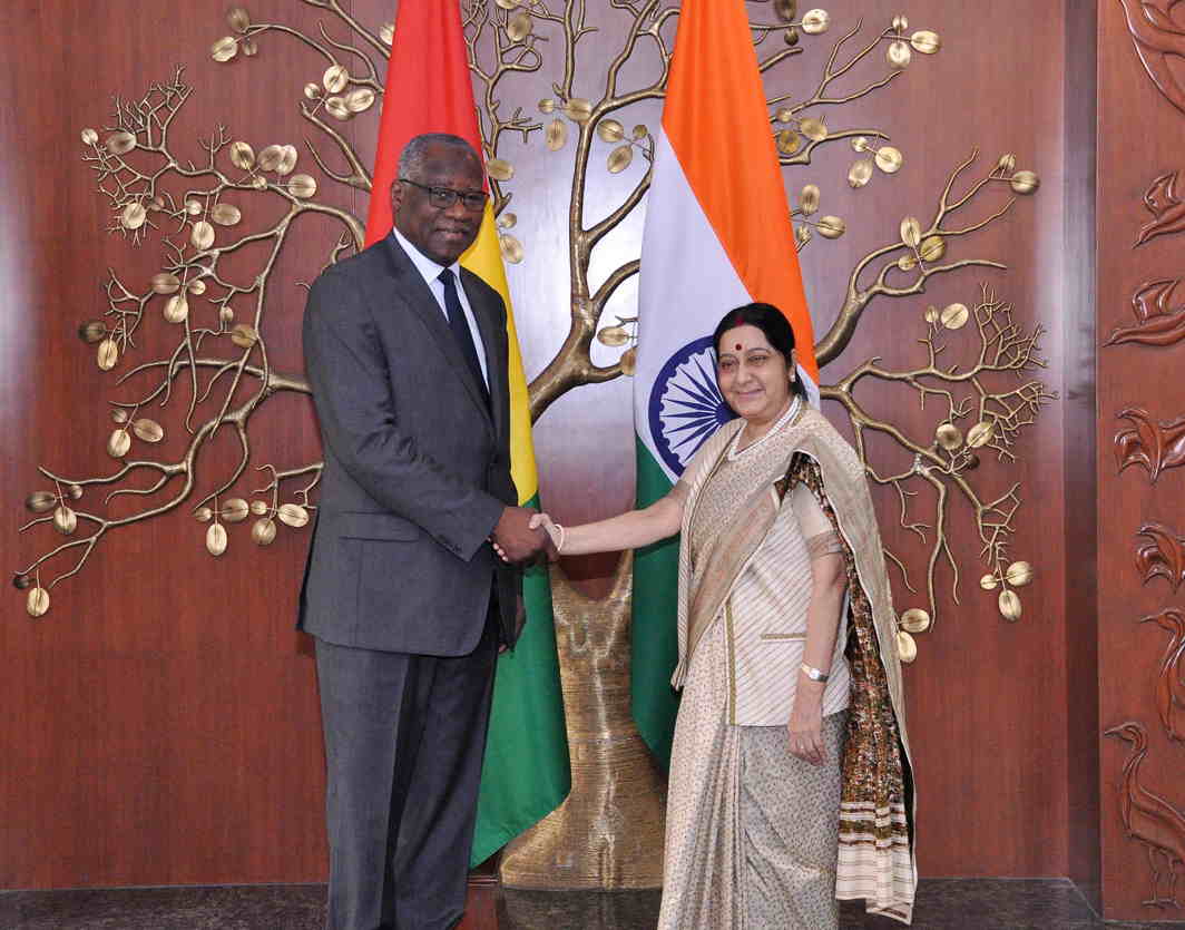 WHO IS THE TALLER? External Affairs Minister Sushma Swaraj meets minister for foreign affairs of Guinea, Mamady Toure, in New Delhi, UNI
