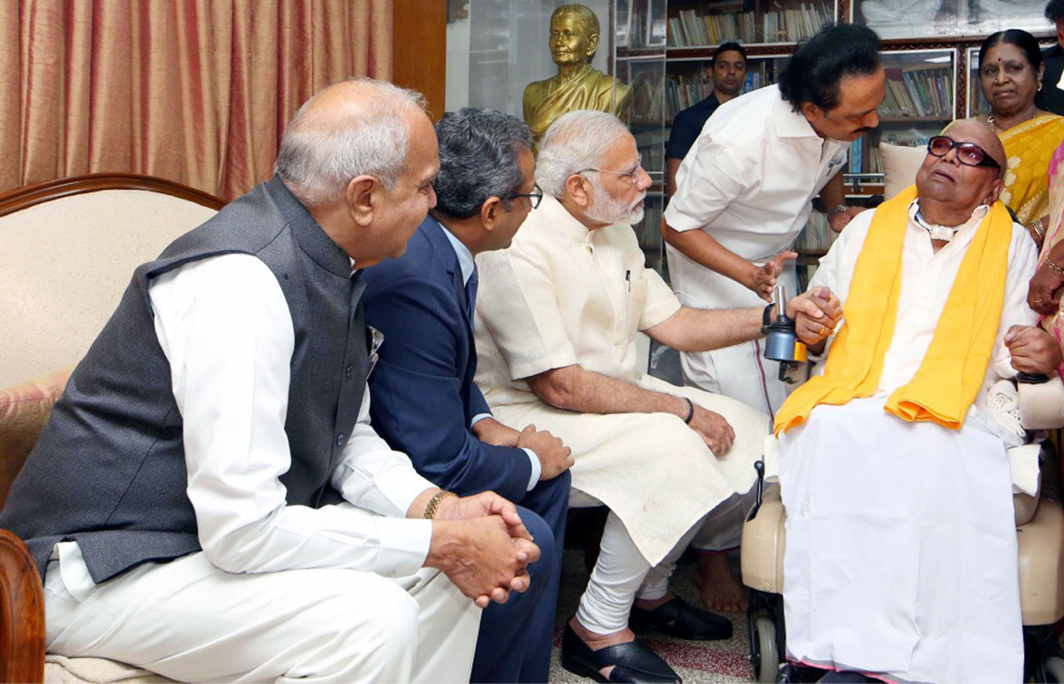 OLD AND NEW: Prime Minister Narendra Modi calls on DMK president M Karunanidhi at his Gopalapura residence, in Chennai, UNI