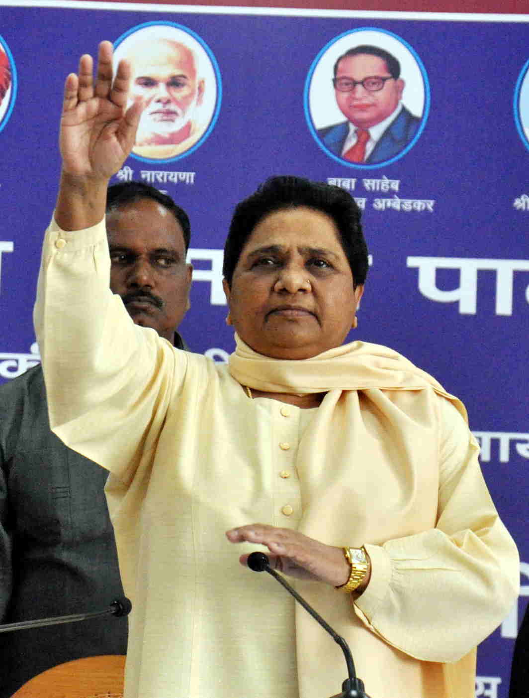 OUT TO CAMPAIGN: BSP supremo Mayawati waves party workers at a meeting ahead of the local bodies election, in Lucknow, UNI