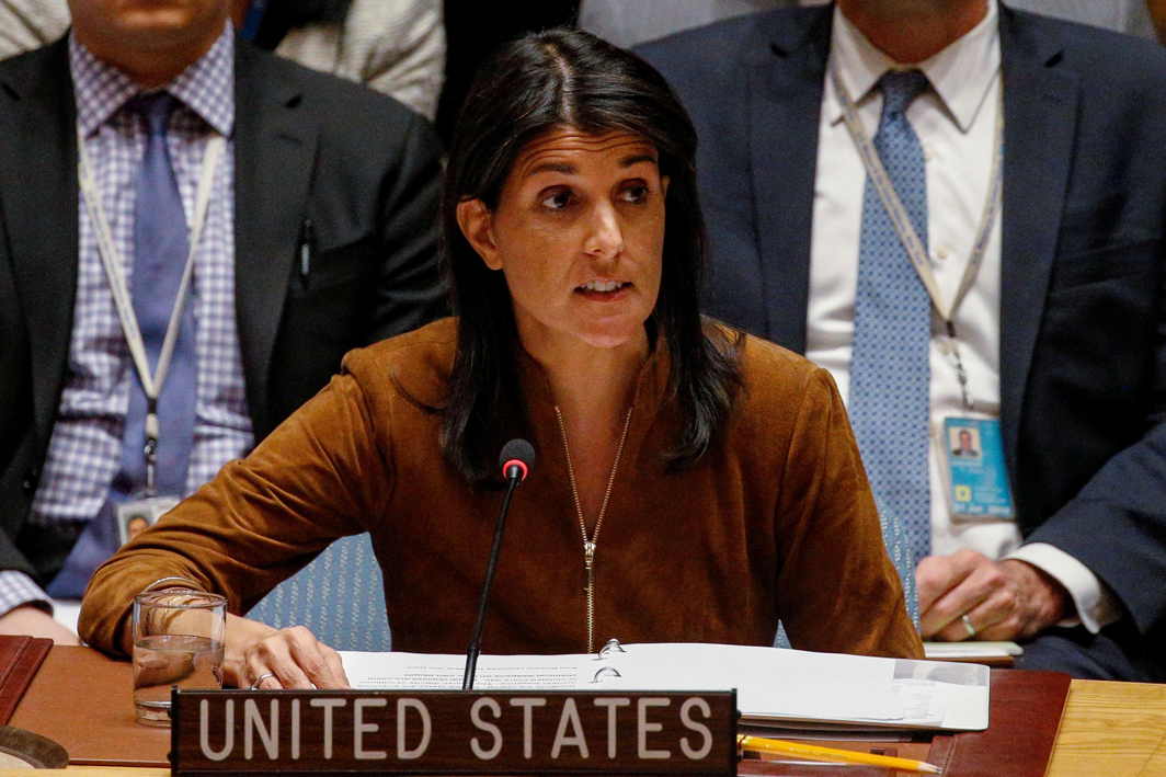 FOR JUSTICE: US Ambassador to the United Nations, Nikki Haley, speaks for a bid to renew an international inquiry into chemical weapons attacks in Syria, during a meeting of the UN Security Council at the United Nations headquarters in New York, US, Reuters/UNI