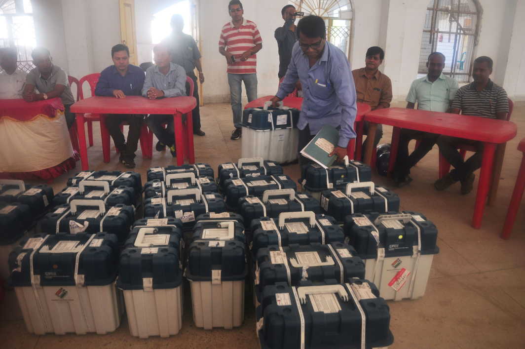 LESSONS IN DEMOCRACY: Election officials during a training session with EVMs and VVPAT (Voter Verified Paper Audit Trails) machines at Umakanta Academy in Agartala. Tripura is scheduled to undergo assembly elections in February, UNI