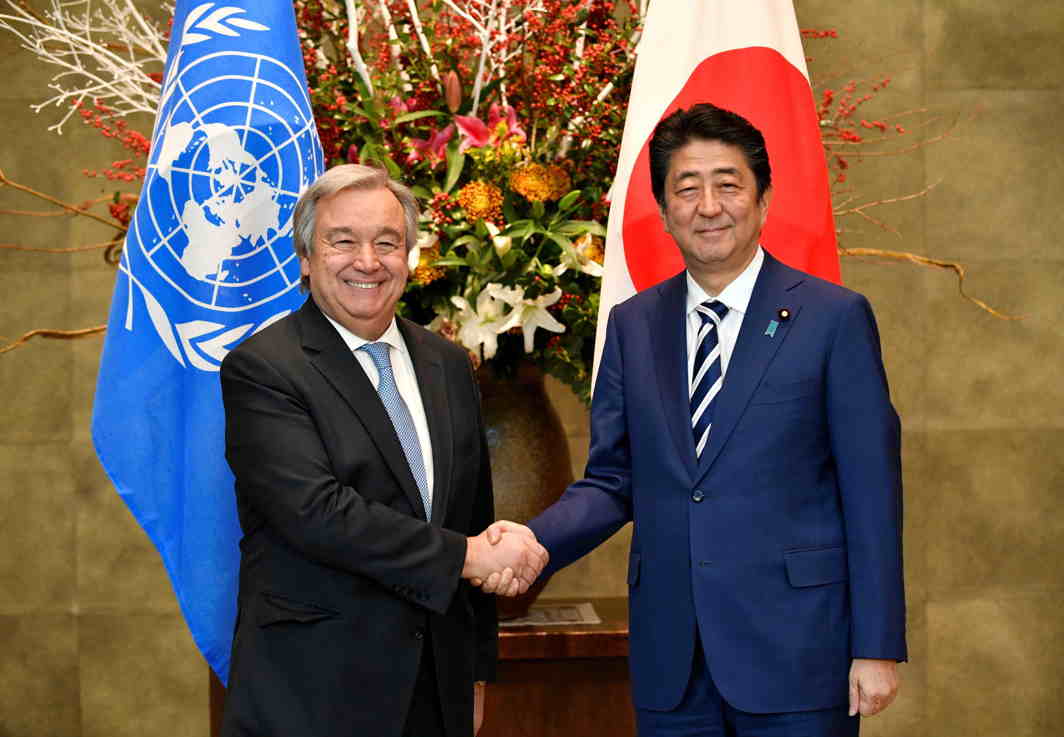 SHARED WORRIES: United Nations Secretary-General Antonio Guterres (left) is welcomed by Japan's Prime Minister Shinzo Abe upon his arrival at the PM's official residence in Tokyo, Japan, Reuters/UNI