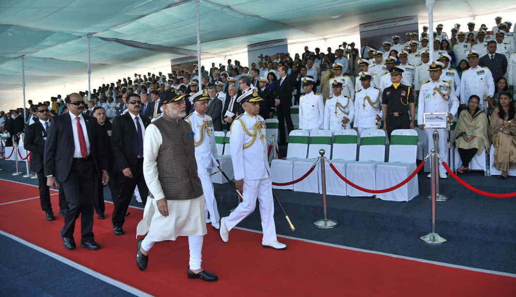 GO FORTH AND CONQUER: Prime Minister Narendra Modi at the commissioning ceremony of the naval submarine, INS Kalvari, into the Indian Navy, in Mumbai, UNI