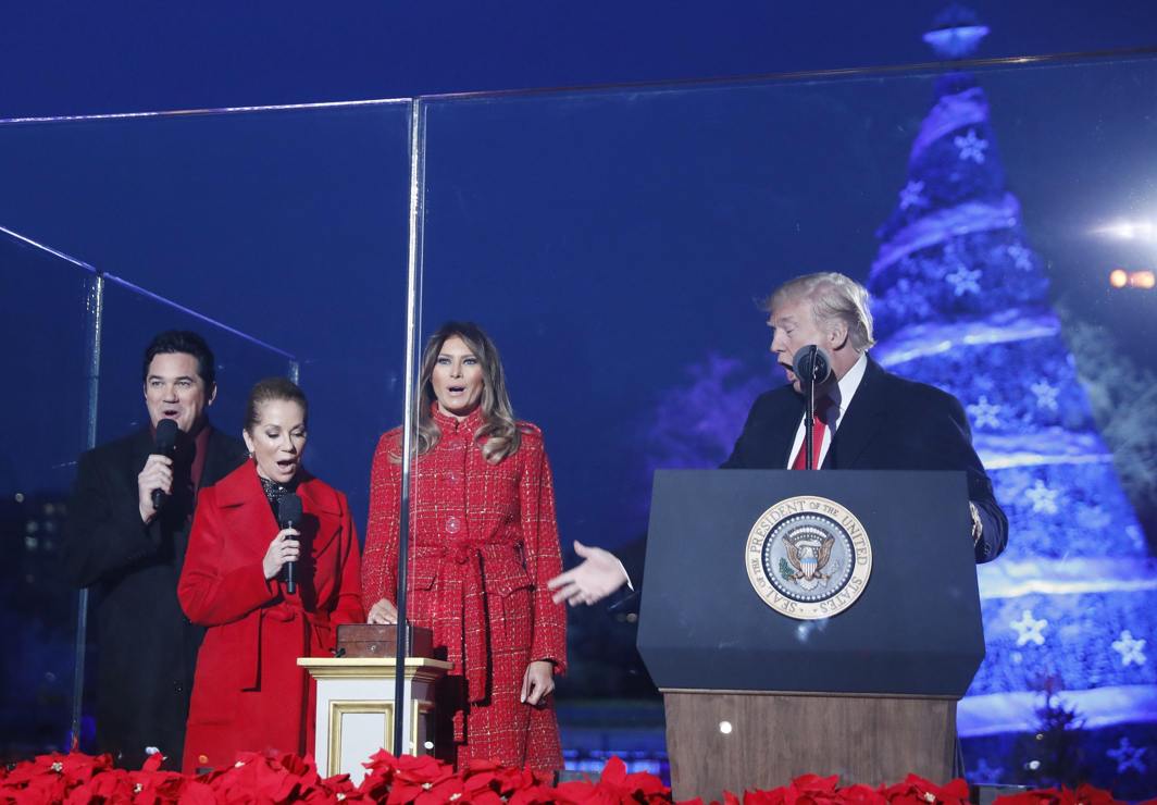 SOCIAL DUTIES: US President Donald Trump and First Lady Melania Trump participate in National Christmas Tree Lighting and Pageant of Peace ceremony with hosts Dean Cain and Kathy Lee Gifford on the Ellipse near the White House in Washington, US, Reuters/UNI