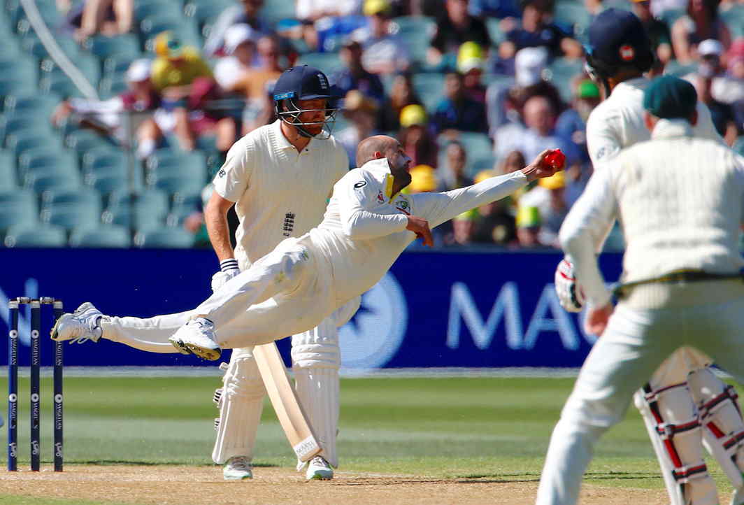 GOOD REFLEXES: Australia's Nathan Lyon dives to take a catch to dismiss England's Moeen Ali during the third day of the second Ashes Test in Adelaide, Reuters/UNI
