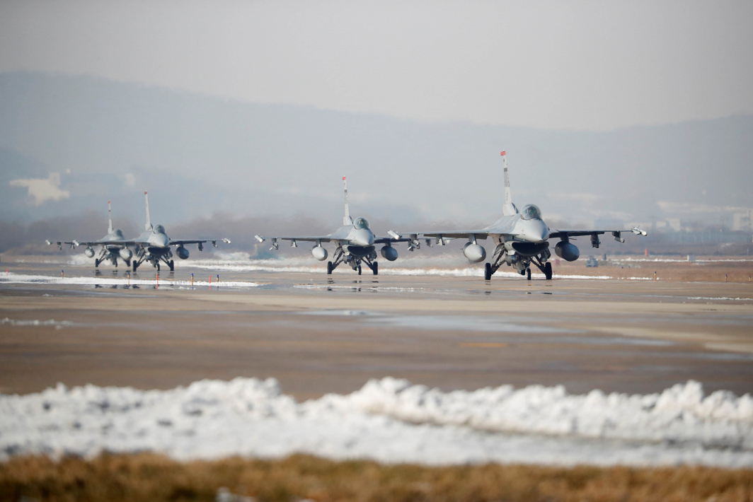 TAKE-OFF: US Air Force F-16 fighter jets take part in a joint aerial drill exercise called 'Vigilant Ace' between US and South Korea, at the Osan Air Base in Pyeongtaek, South Korea, Reuters/UNI